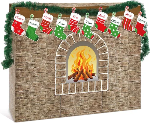 Miniatura 7 de Fullhawl 47 chimeneas de cartón de Navidad 3D de 39 x 35 pulgadas, chimenea artificial de Navidad con media llama de fuego, guirnalda de grano