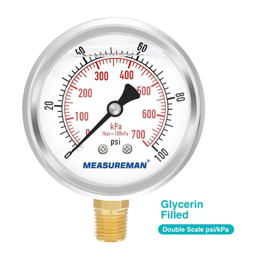 Miniatura 3 de MEASUREMAN Medidor de presión relleno de líquido de 0-100 psi/kpa con adaptador de manómetro de latón 1/4NPT hembra, 2-1/2 OAL x 1-2/5 "x 1/8" sonda