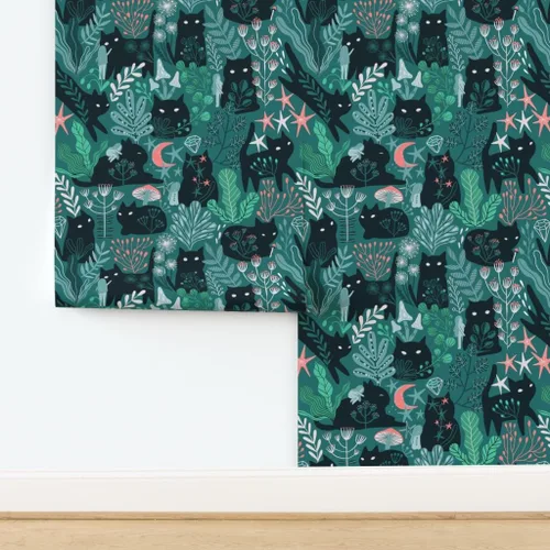 Miniatura 4 de Spoonflower Papel tapiz para despegar y pegar, diseño de gatos del bosque verde, hada, elfos, gatito, verano, primavera, gatito, bebé, niño, papel