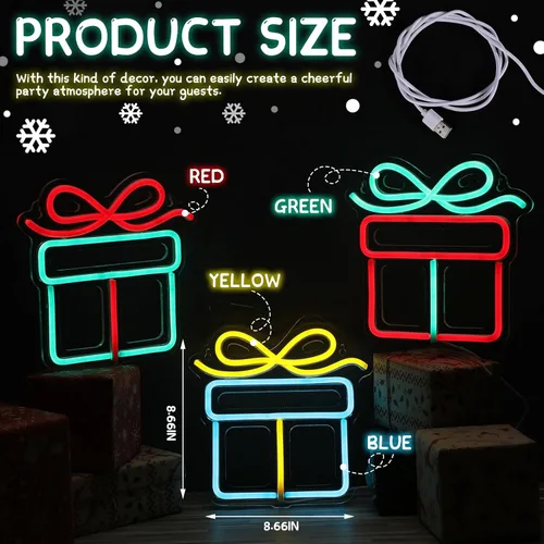 Miniatura 2 de ROCEEI 3 letreros de neón de Navidad, caja de regalo de luces de neón, barra de pared LED USB, decoración de sala de estar para fiesta de invierno