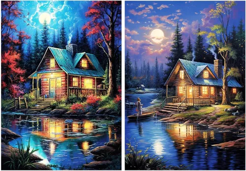 YOYA Paquete de 2 Kits de Pintura de Diamantes de Cabaña de Troncos para Adultos, Kits de Arte de Diamantes 5D de Cabaña del Lago para Adultos, Kit