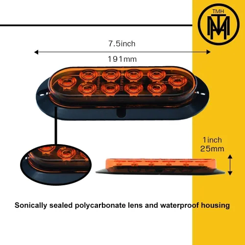 Miniatura 2 de TMH Luz trasera LED ámbar ovalada de 6 pulgadas, montaje en superficie, 10 LED, impermeable, parada, freno, giro, remolque, luces para camión, RV