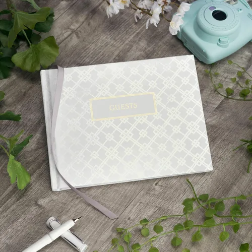 Miniatura 2 de Global Printed Products Libro de invitados de boda, 9"x7", blanco con lámina dorada