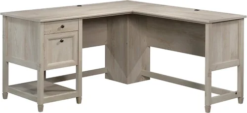 Sauder Edge Water - Escritorio esquinero en forma de L con cajones de almacenamiento y estante abierto, en color castaño a la tiza