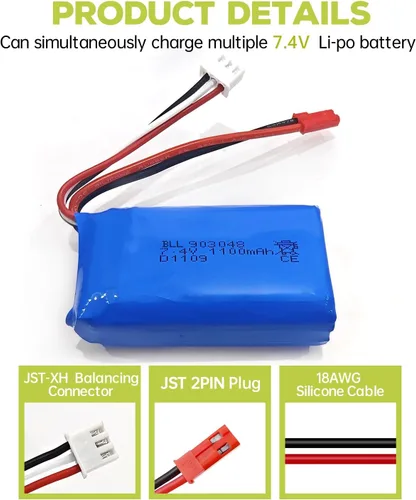 Miniatura 5 de Batería de litio 2 piezas 7.4 V 1100 mAh con cargador 2 en 1 para WLtoys A949 A959 A969 A979 S989 V912 T23 T55 F45 A320 A321 RC Control remoto coche