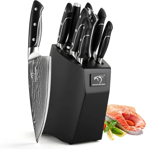 Miniatura 13 de Juego de cuchillos de cocina de Damasco de 18 piezas, 8 cuchillos de carne, mango ergonómico de ABS antideslizante triple remache para tenedor