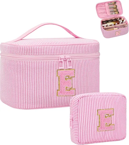 Miniatura 25 de Juego de bolsas de maquillaje con iniciales para niñas y mujeres, bolsa de cosméticos con monograma con soporte para cepillos, estuche de maquillaje