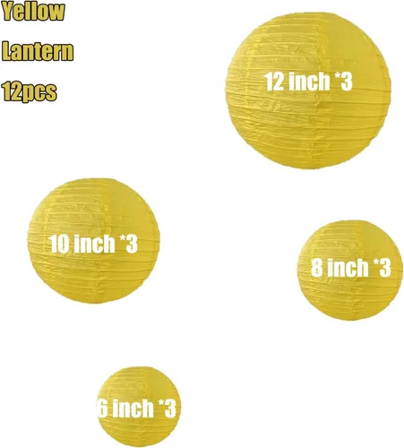 Miniatura 2 de 12 linternas de papel amarillas de 6, 8, 10 y 12 pulgadas, de tamaños mixtos, decorativas, chinas, japonesas, colgantes, redondas, lámparas de papel