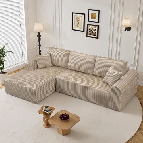 Miniatura 25 de Sofá seccional sin costuras de 108" en forma de L para sala de estar, cómodo sofá de corduroy con chaise, amplios reposabrazos, asiento profundo