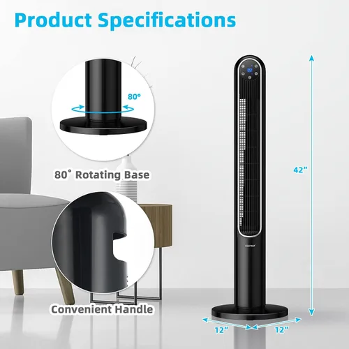 Miniatura 9 de COSTWAY Ventilador de torre, ventilador oscilante portátil de 42 pulgadas de 80 grados con control remoto, 3 modos de viento, panel de control
