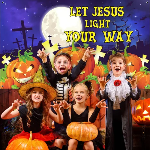 Miniatura 4 de WovWeave Pancarta de fondo de calabaza cristiana de Halloween, decoración religiosa para tronco o golosinas, 72.8 x 43.3 pulgadas, deja que Jesús