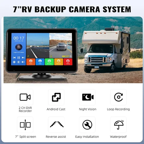 Miniatura 2 de Kit de sistema de cámara de respaldo 1080P, monitor de marcha atrás de 7 pulgadas con función de grabación de visión nocturna DVR Monitor 2 cámaras