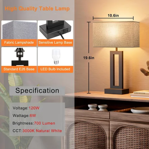 Miniatura 6 de Seealle Juego de 2 Lámparas de Mesa de Noche para Dormitorios - Lámpara de Cabecera Táctil con USB C+A, Regulable de 3 Niveles para Mesas Auxiliares