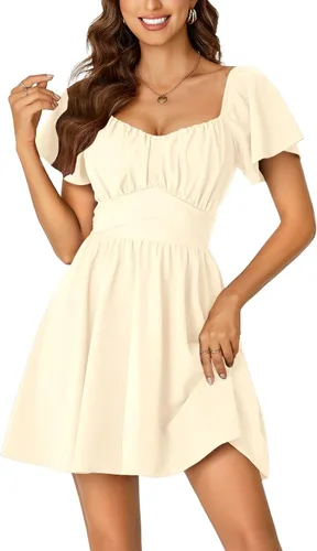 Miniatura 17 de Rooscier Minivestido acampanado de manga corta con volantes, cuello cuadrado, envolvente y espalda anudada para mujer