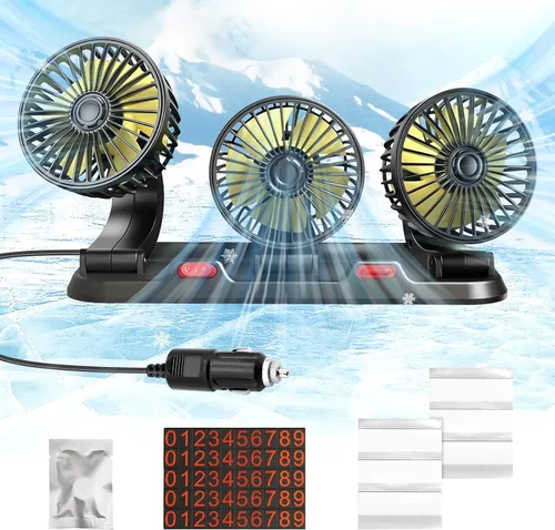 Ventilador de refrigeración portátil de 3 cabezales para automóvil, ajustable de 2 velocidades, rotación de 360°, enchufe para encendedor de