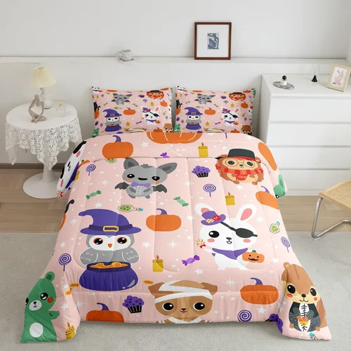 Miniatura 13 de Feelyou Juego de edredón de Halloween, color rosa fantasma, juego de ropa de cama tamaño individual, decoración para niños y niñas, lindo juego