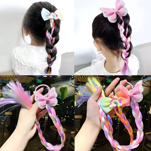Miniatura 7 de 6 extensiones de cabello de trenzas de colores para niñas con bandas de goma, extensiones trenzadas de arco iris, lazos para el cabello, peluca