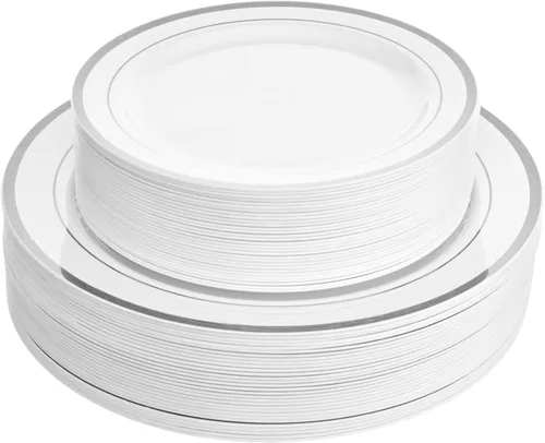 Miniatura 11 de Aya's Cutlery Kingdom 100 platos de plástico transparente para fiestas, juego de 50 platos desechables resistentes para cena y 50 platos de postre
