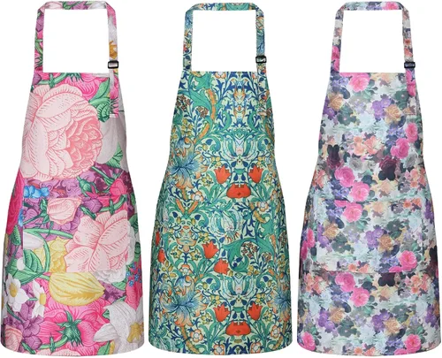 Miniatura 10 de Paquete de 3 delantales florales impermeables para mujer, correa ajustable con bolsillo, multiusos para cocina, arte, jardín