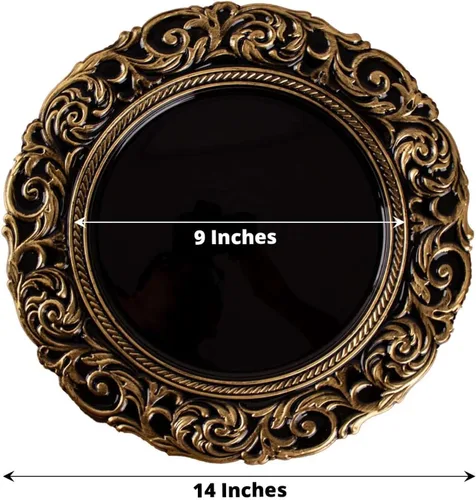 Miniatura 3 de Efavormart juego de 6 platos de plástico redondos de 35.56 cm, negro/dorado con diseño barroco grabado en el borde para eventos de boda y fiesta