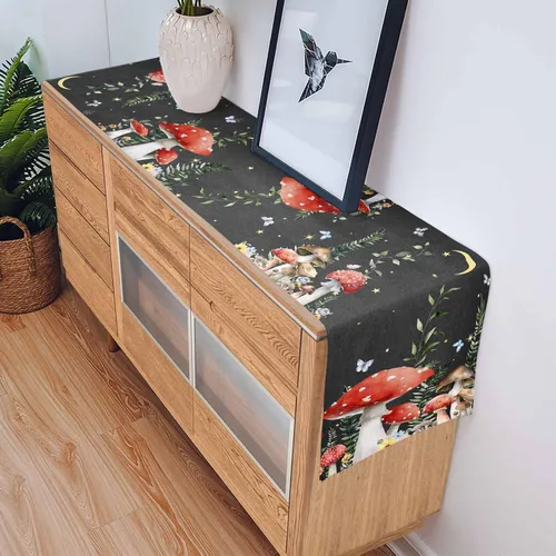 Miniatura 5 de Camino de mesa de lino y algodón con hongos de granja, luna nocturna y estrellas, bufanda negra de 13 x 60 pulgadas, lavable para cocina, comedor