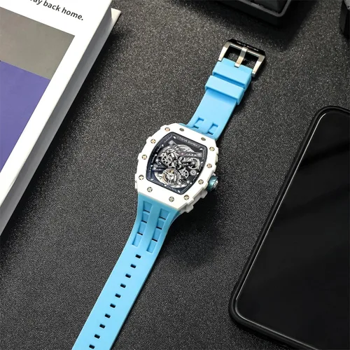 Miniatura 3 de Watch for Men, Automatic Skeleton Mechanical Mens Watch, 50M Waterproof Luxury Tonneau Square Big Face Dial Watch with SiliconeFluoroelastomer Watch