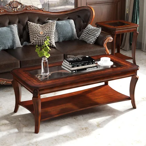 Miniatura 15 de Mesa auxiliar tradicional con estante de almacenamiento y patas talladas, mesas de sala de estar de granja, mesa central rectangular de madera