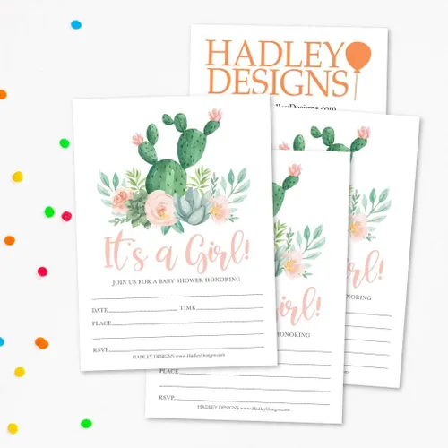 Miniatura 3 de Hadley Designs Invitaciones para baby shower para niña, 25 invitaciones de baby shower para niña, invitaciones de baby shower de cactus