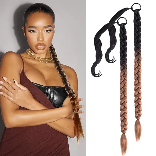 Miniatura 11 de 2 paquetes de 16 pulgadas de extensión de cola de caballo trenzada larga negra para mujeres negras con banda elástica, trenzado recto, extensiones