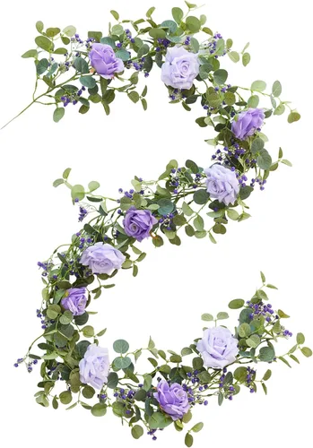 Anna's Whimsy Guirnalda de eucalipto artificial de 5.91 pies con flores, guirnalda de rosa falsa de gypsophila, vegetación floral sintética para
