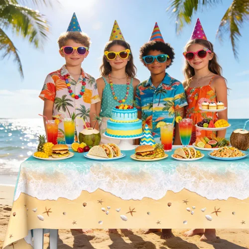 Miniatura 4 de AIBIIN 3 manteles temáticos de playa de verano, decoración de fiesta de piscina con olas del océano, mantel de plástico con estampado de agua