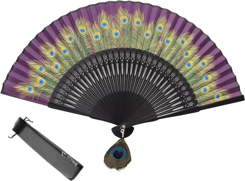 Miniatura 7 de Innolife Pavo real chino/japonés mano plegable ventilador bambú tallado marco seda artesanía ventilador (negro)