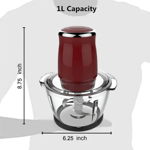 Miniatura 8 de Picadora de carne eléctrica de 1 litro, tazón de vidrio, picadora, licuadora, picadora, procesador de alimentos para carne, verduras, frutas, 500 W