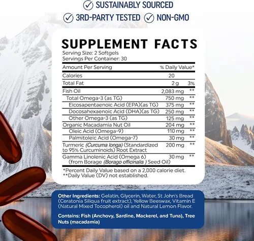 Miniatura 6 de Omega 3 6 9 + suplemento de curcumina de cúrcuma Aceite de pescado EPA y DHA + cúrcuma de cúrcuma Apoyo a la movilidad, cognitivo y salud