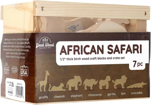 Good Wood by Leisure Arts: juego de cajas de safari africano - 7 piezas de recortes de madera de animales - pequeñas formas de madera para