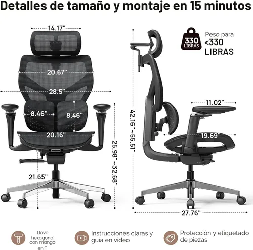 Miniatura 2 de Silla de oficina ergonómica con soporte lumbar, más de 10 horas sentado, cómodo, sillas de escritorio de malla grandes y altas, reposacabezas 4D