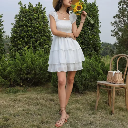 Miniatura 6 de Byinns Vestido corto sin mangas con cuello cuadrado para mujer, cintura alta, espalda descubierta, escalonado, tirantes fruncidos, casual, corto