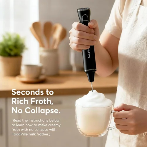 Miniatura 7 de FoodVille MF06 Espumador de leche recargable de 1800 Mah con 9 velocidades y 3 espumadores, pantalla LED, soporte de almacenamiento, para espuma