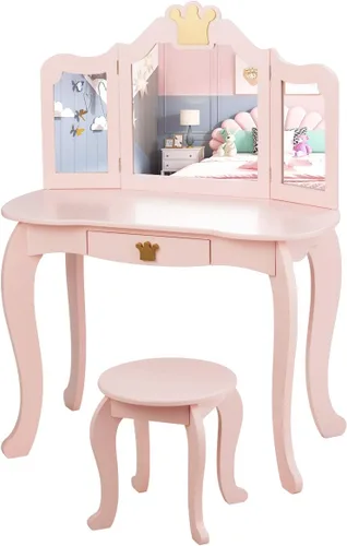 Costzon Juego de Mesa y Silla de Tocador para Niños, Mesa de Maquillaje Princesa con Cajón y Espejo de Tres Pliegues, Juego de Tocador 2 en 1 con