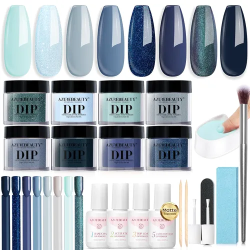 Miniatura 10 de AzureBeauty Kit de iniciación de polvo de uñas de inmersión, gris arce, verde salvia, verde oscuro, juego de 8 colores con palitos de uñas, base