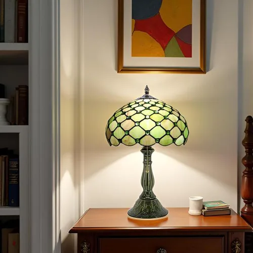 Miniatura 5 de Tiffany Lamp Stained Glass Table Lamps Amber Green Pearl Style Desk Lamp12X12X18.5 Inch Bronze Ceramic Base Reading Light Suitable for Bedside