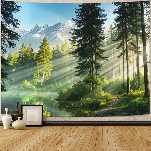 Miniatura 15 de Kanuyee Tapiz de bosque verde, tapiz de paisaje para pared, tapices de naturaleza para techo y pared, colgante para dormitorio, sala de estar