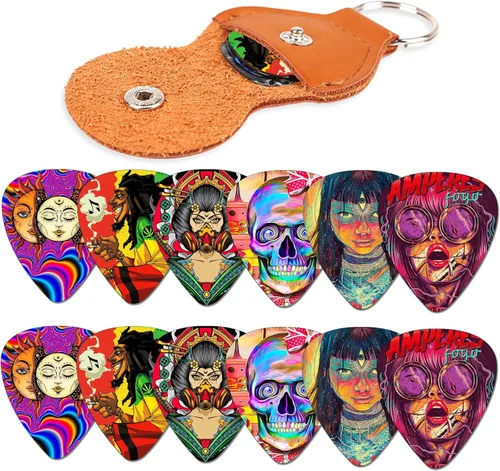 Miniatura 4 de Paquete de 12 púas de guitarra medianas con soporte de púas de cuero y caja de lata, púas de celuloide artísticas únicas para bajo, guitarra