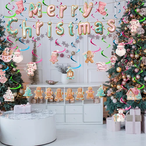 Miniatura 6 de Newwiee 38 piezas de pancartas colgantes de remolinos colgantes de Navidad de color rosa pastel de pan de jengibre, decoración de arroyos colgantes
