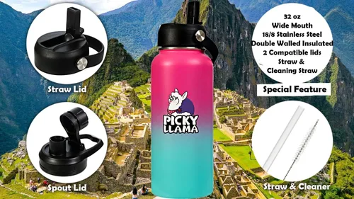 Miniatura 3 de Botella de agua de acero inoxidable aislada al vacío (Llama Kids Blue, 12 oz)
