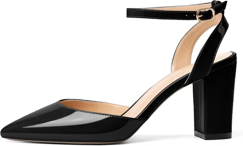 Miniatura 2 de Soireelady Tacones altos gruesos para mujer, tacones puntiagudos, correa al tobillo, sandalias envolventes de charol con diseño recortado, zapatos