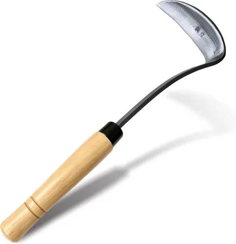 Hoz de hierba japonesa azada de deshierbe herramienta de mano para jardín, acero de alta resistencia con mango de madera maciza (gris)