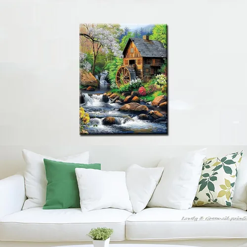 Miniatura 3 de Pintura por números, cabaña del bosque rodeada de flores y árboles, pintura sobre lienzo con pinceles, pinturas acrílicas, perfectas para pintar por