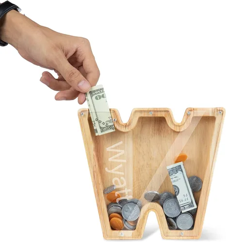 Wooden Piggy Bank Personalized 26 English Alphabet Letter Coin Bank Custom Money Box Wooden Piggy Bank ​Gift for Kids Christmas Birthday Gift Home