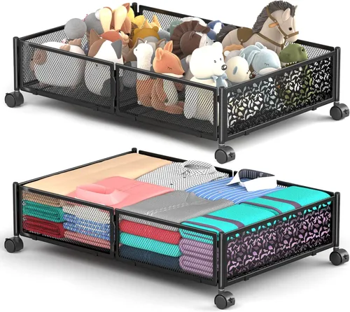 Miniatura 14 de Almacenamiento Debajo de la Cama con Ruedas, Contenedores de Almacenamiento Debajo de la Cama de Metal Calado con Patrón Plegable, Almacenamiento